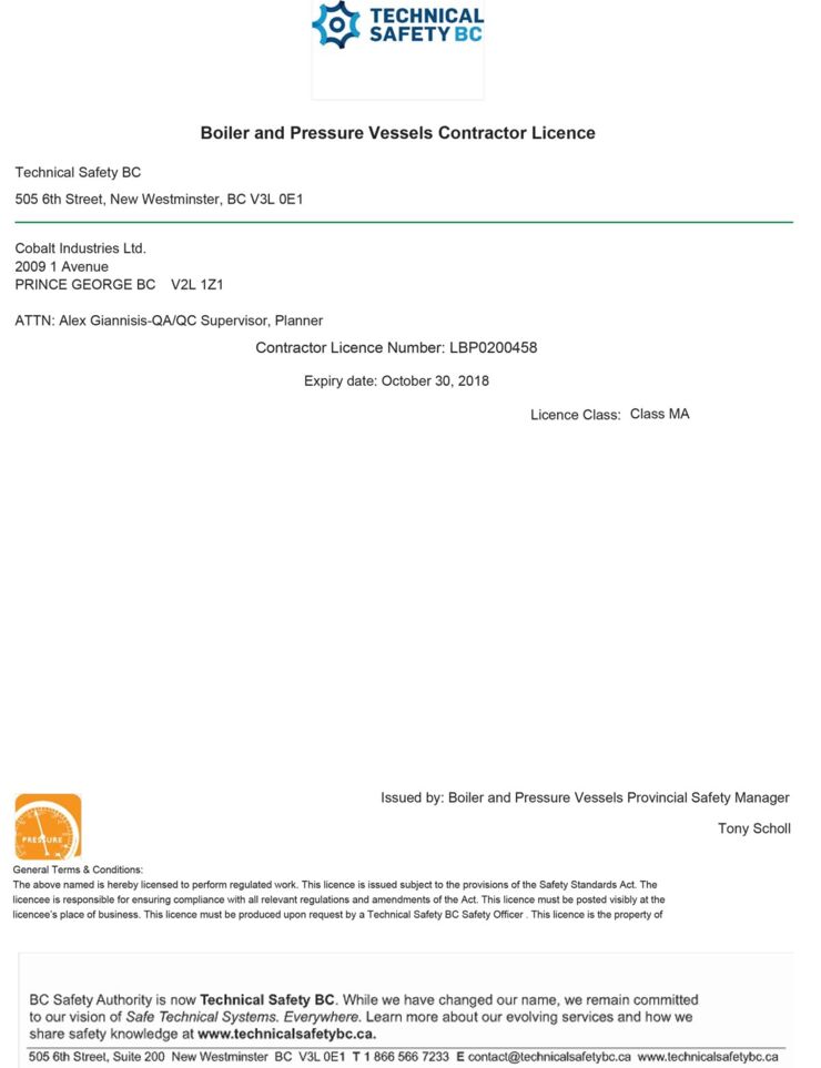 Boiler and Pressure Vessels Contractor Licence